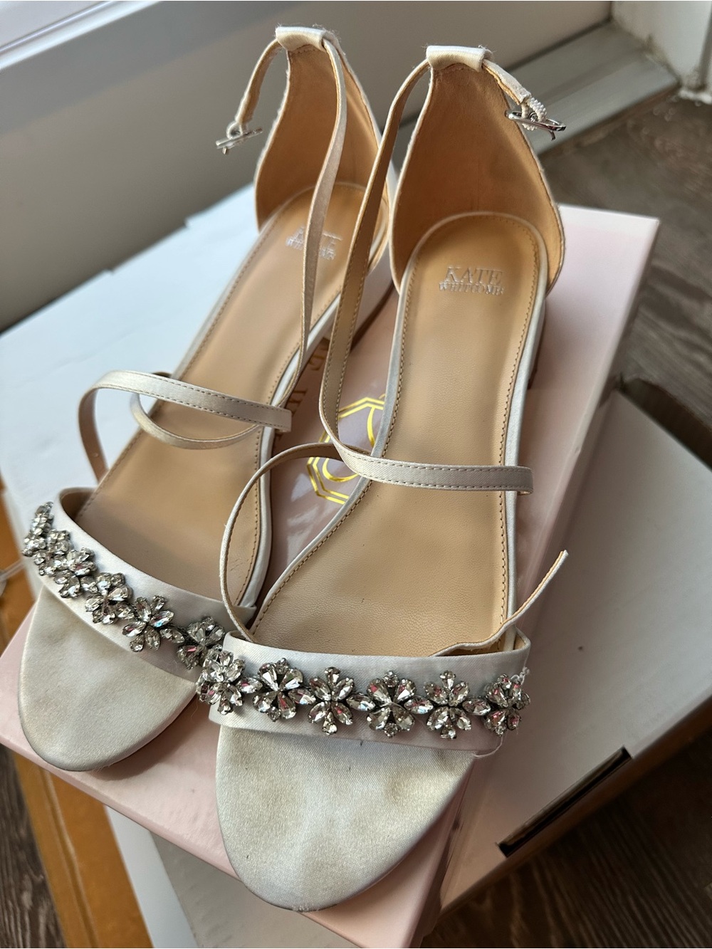 Kate Whitcomb Camila Ivory Satin Crystal Embellished Bridal Sandal Size 9